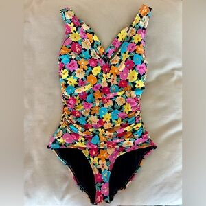 Anne Cole Vibrant Floral V-Neck, Cross Back One-Piece Swimsuit